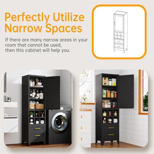 Ckzbx Tall Narrow Storage Cabinet, 66.93" H Tall Bathroom Cabinet Metal Pantry Cabinets with Hollowed-Out, 3 Adjustable Shelves, for Kitchen, Bathroom, Home Office, Living Room (Black)