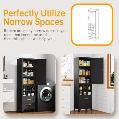 Ckzbx Tall Narrow Storage Cabinet, 66.93" H Tall Bathroom Cabinet Metal Pantry Cabinets with Hollowed-Out, 3 Adjustable Shelves, for Kitchen, Bathroom, Home Office, Living Room (Black)