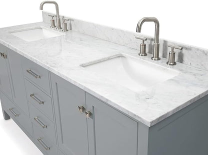 ARIEL Cambridge 72-inch Bathroom Vanity with Sink,Solid Wood, 0.75-inch Italian Carrara Marble Countertop, Double Rectangular Porcelain Sink, 4 Soft Closing Doors, 6 Dovetail Drawers, Grey