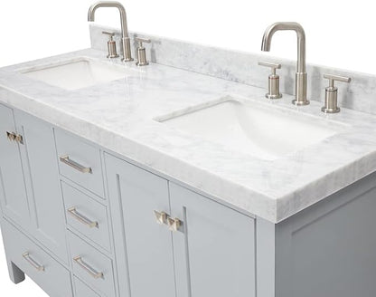 ARIEL Cambridge 60-inch Bathroom Vanity with Sink,Solid Wood, 2-inch Italian Carrara Marble Countertop, Double Rectangular Porcelain Sink, 4 Soft Closing Doors, 6 Dovetail Drawers, Grey