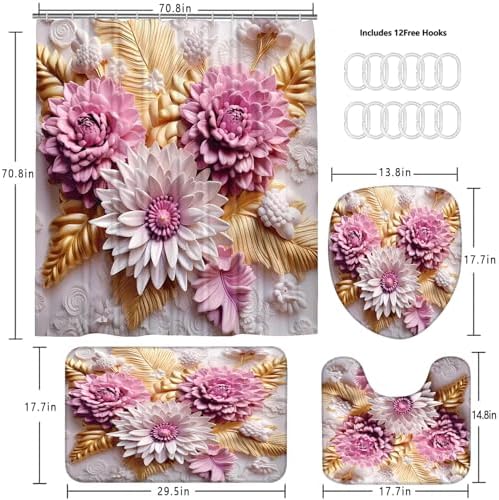 Chrainy 4pcs Pink Flowers Shower Cutain Bathroom Decor Sets with Rugs