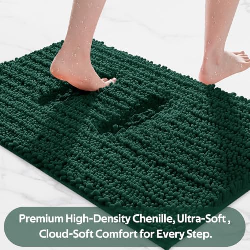 ACCUMTEK Upgrade Luxury 2 Piece Deep Green Toilet Bathroom Rug Mat 48"x20"+24"x17", Ultra Soft Thick Absorbent Bath Mats, Non Slip Chenille Toilet Mat for Bathroom, Bedroom, Kitchen, Shower, Tub