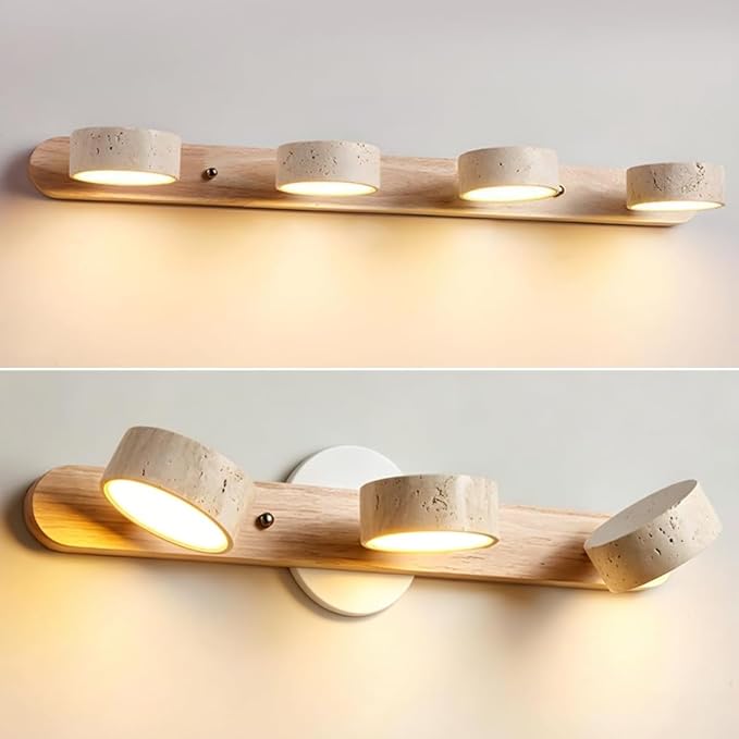 Farmhouse Wood Vanity Light 4 Lights Natural Stone Shade | Nordic Style Travertine Linear Bathroom Light Fixture Rotatable LED Wall Light Over Mirror - Natural Wood Color