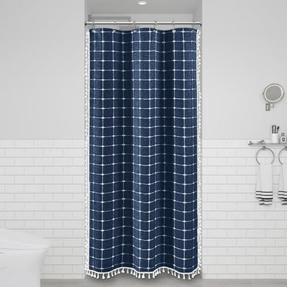 BTTN Stall Boho Farmhouse Linen Heavy Duty Shower Curtain, 36x72, Navy Blue