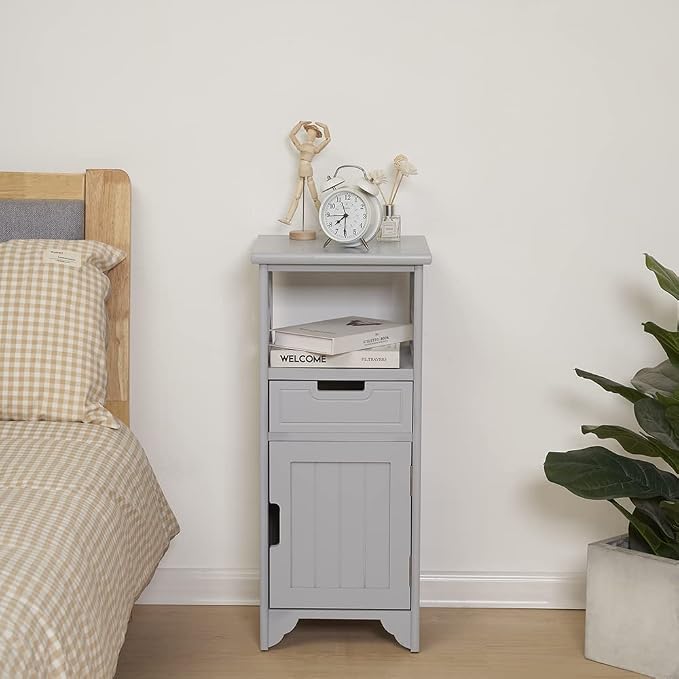 Tall Nightstand with Shelf and Drawer, Narrow End Table with Door for Bathroom Entryway Bedroom Bedroom, Gray | Solid Wood; Fully Assembled; Drawer & Door Storage; Open Shelf; Slim Design; Bathroom Cabinet, Nightstand & Side Table