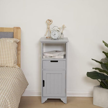 Tall Nightstand with Shelf and Drawer, Narrow End Table with Door for Bathroom Entryway Bedroom Bedroom, Gray | Solid Wood; Fully Assembled; Drawer & Door Storage; Open Shelf; Slim Design; Bathroom Cabinet, Nightstand & Side Table