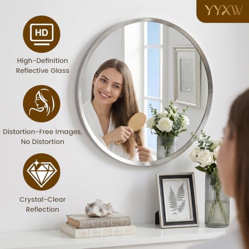 30 inch Brushed Nickel Round Bathroom Mirror,Sliver Circle Mirror