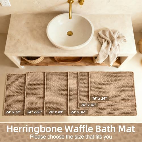 Sunfly Bathroom Runner Rug,Boho Herringbone Waffle Bath Mat Non-Slip Washable Super Absorbent Quick Dry, Farmhouse Bath Mat for Bathroom Floor Decor 24"x60" Khaki