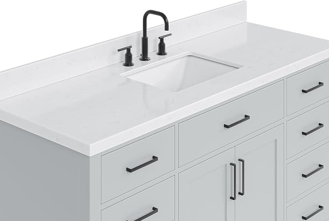 ARIEL Hepburn 60-inch Bathroom Vanity with Sink,Solid Wood, 1.5-inch Carrara White Quartz Countertop & Backsplash, Single Rectangular Porcelain Sink, 2 Soft Closing Doors, 9 Dovetail Drawers, Grey