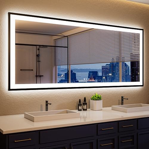 ISKM 60x28 Framed LED Bathroom Mirror, Dimmable Front & Backlit, Anti-Fog