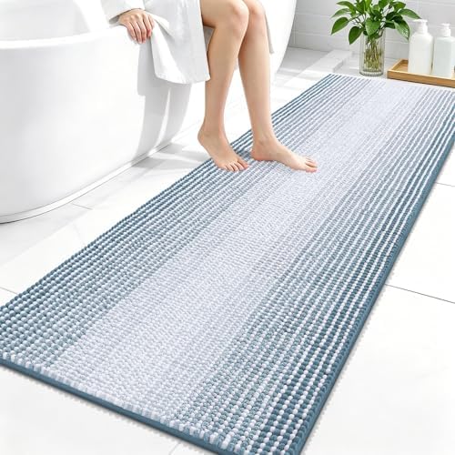 OLANLY Bathroom Runner Rugs 59x24, Chenille Striped Bath Rugs, Airy Blue