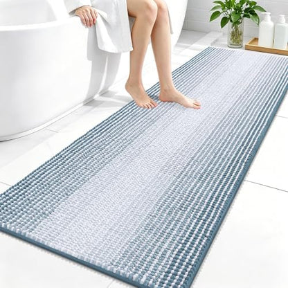 OLANLY Bathroom Runner Rugs 59x24, Chenille Striped Bath Rugs, Airy Blue