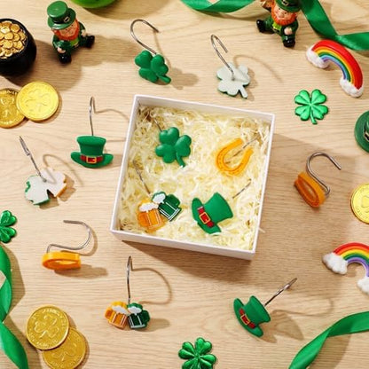 Thyle 12 Pcs St Patrick's Day Shower Curtain Hooks, Irish Ornament Rings with Shamrock Green Hat Horseshoe Beer Mug Curtain Hangers Irish Decorative for Home Holiday Bathroom Bedroom Accessories Decor