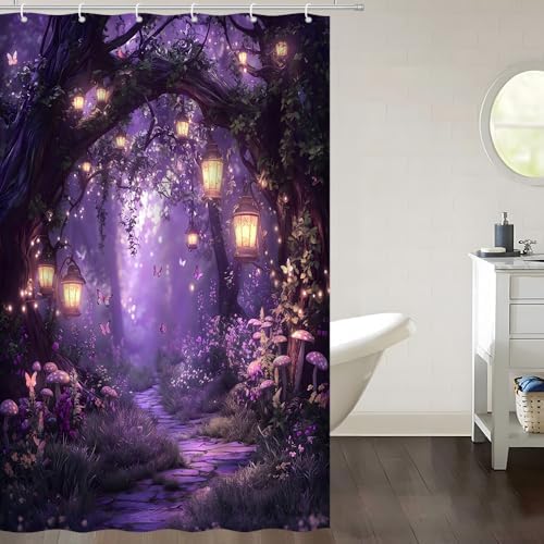 Fantasy Forest Path Shower Curtain Purple Fairy Magical Enchanted Misty Jungle Mushroom Floral Tree Butterfly Lantern Wonderland Bath Curtain Fabric Bathroom Accessories Decor with Hooks 47W x70L