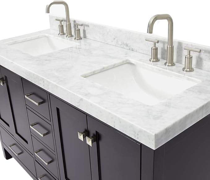 ARIEL Cambridge 60-inch Bathroom Vanity with Sink,Solid Wood, 2-inch Italian Carrara Marble Countertop, Double Rectangular Porcelain Sink, 4 Soft Closing Doors, 6 Dovetail Drawers, Espresso
