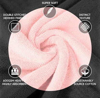 Luxury Pink Towel Set of 8-2 Bath Towels 2 Hand Towels 4 Washcloths - 600 GSM 100% Cotton Ring Spun Viscose Border Towels Set - Light Pink