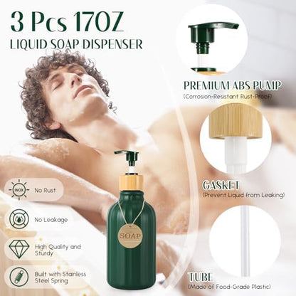 32PCS Dark Green Bathroom Accessories Set with Shower Curtain,Rugs,Trash Can,3PCS Lotion Soap Dispenser, Toothbrush Holder, Soap Dish,Tumbler Cup,6PCS Wood Tags Bath Accessories with Tray for Bathroom