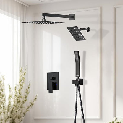 Shower System Shower Faucet Set, STARBATH 12"+6" Wall Mount Rain Shower Head and Handheld Spray for Two Person, Rainfall Shower System with Diverter Valve and Trim Kit Complete,Matte Black