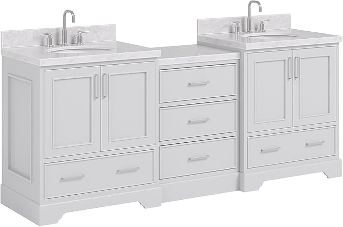 ARIEL Stafford 84-inch Bathroom Vanity with Sink,Solid Wood, 1.5in Italian Carrara Marble Countertop & Backsplash, Double Oval Porcelain Sink, 4 Soft Closing Doors, 5 Dovetail Drawers, Grey