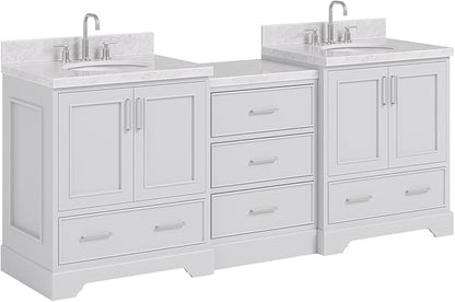 ARIEL Stafford 84-inch Bathroom Vanity with Sink,Solid Wood, 1.5in Italian Carrara Marble Countertop & Backsplash, Double Oval Porcelain Sink, 4 Soft Closing Doors, 5 Dovetail Drawers, Grey