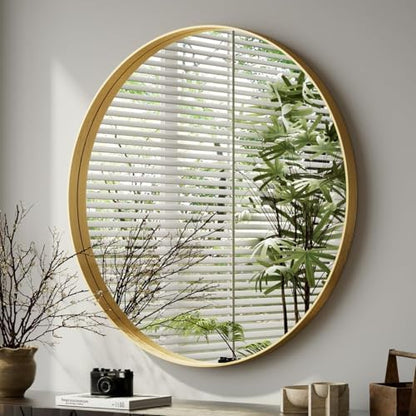 VooBang Round Bathroom Mirror 32 inch, Gold Gorgeous Deep Frame Modern Circle Wall Vanity Mirror for Bedroom, Living Room, Hanging or Leaning, Gold