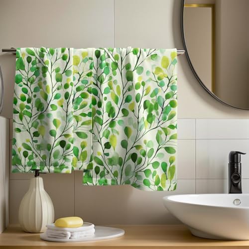 Boho Green Leaves Hand Towels 14x28 Inch 2Pcs Set Cute Botanic Leaf Floral Polyester Soft Fingertip Tea Towel Absorbent Dish Cloth for Bathroom Kitchen Hotel Spa Home Decor