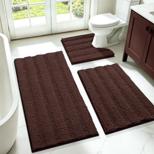 ACCUMTEK Striped Brown Bathroom Rug Set 3 Pieces Ultra Soft, Non Slip Chenille Toilet Mat, Absorbent Plush Shaggy Bath Mats for Bathroom, Bedroom, Kitchen