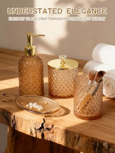 Haturi Glass Bathroom Accessories Set, Amber Brown Bathroom Set, 4 Pcs