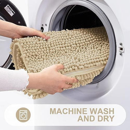 Grandaily Chenille Striped Bathroom Rugs 47x20, Extra Thick and Absorbent Bath Mats, Non-Slip Soft Plush Shaggy Shower Carpet, Machine Wash Dry, Bath Rug for Bathroom, Beige