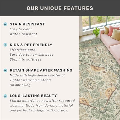 Large Entryway Rugs Indoor - 3x6 Sage Washable Soft Area Rugs for Kitchen, Bedroom Bedside, Living Room, Door Mat Indoor Entrance, Hallway, Beige Woodland Flowers, Non Slip Stain Resistant Low Pile
