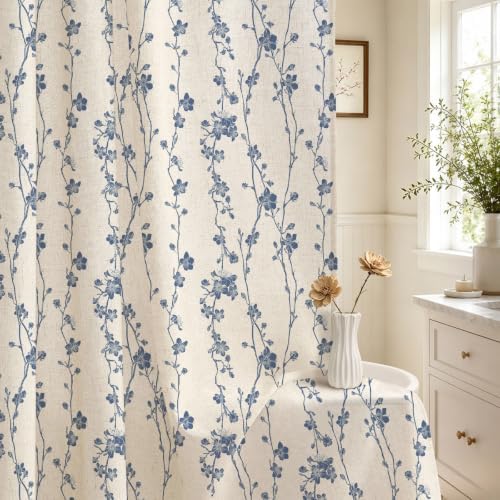 Navy Blue Farmhouse Linen Shower Curtain, Boho Floral Fabric, 72 x 84