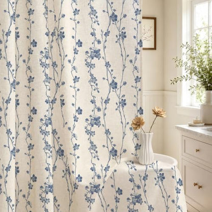 Navy Blue Farmhouse Linen Shower Curtain, Boho Floral Fabric, 72 x 84