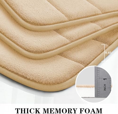 BYSURE Beige Memory Foam Bathroom Rug Set 3 Piece, Non Slip Extra Soft Absorbent Bath Mats, Machine Washable & Dry Toilet Mat Sets for Bathroom Floor | Non Slip Extra Soft Absorbent Machine Washable Toilet Bath Toilet Mat for Shower, for Bathroom