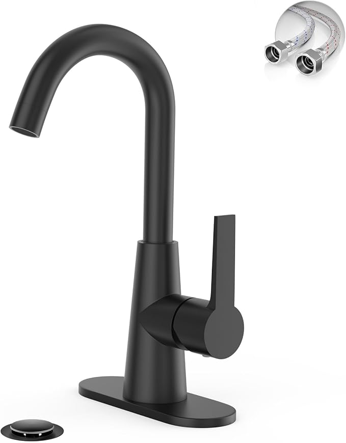 Phiestina Single Hole Matte Black Single-Handle 4 Inch Bathroom Sink Faucet with Deck Plate and Supply Hoses, Bar Sink Faucet/Pre-Kitchen Sink Faucet with 360° Rotation Spout, WE10E-MB