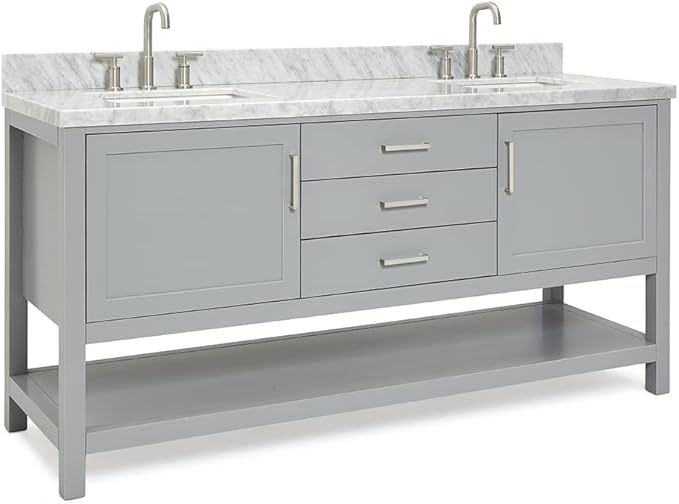 ARIEL Bayhill 72-inch Bathroom Vanity with Sink,Solid Wood, 1.5-inch Italian Carrara Marble Countertop, Double Rectangular Porcelain Sink, 2 Soft Closing Doors, 3 Dovetail Drawers, Grey