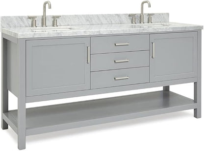 ARIEL Bayhill 72-inch Bathroom Vanity with Sink,Solid Wood, 1.5-inch Italian Carrara Marble Countertop, Double Rectangular Porcelain Sink, 2 Soft Closing Doors, 3 Dovetail Drawers, Grey