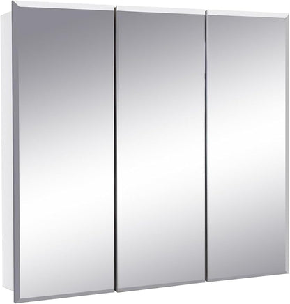 Design House Cyprus Bathroom Medicine Cabinet with Mirror, 25 Inch Recessed or Surface Mount Cabinet, 3 Frameless Mirrored Doors, 2 Shelves, White, Pre-Assembled, 597484 | Adjustable Shelves, Wall Mount, Contemporary/Modern, Wood, Bath, 597484