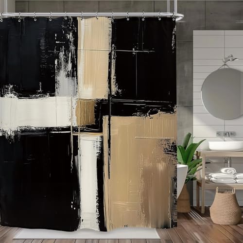 Abstract Modern Neutral Shower Curtain 60Wx72L Inch Black Tan Minimalist Contemporary Art Brush Stroke Painting Bathroom Set Accessories Decor with 12 Pack Hooks