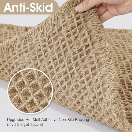 Upgraded Waffle Bath Mat Set 2 Piece Beige-Herringbone, Super Absorbent Non-Slip Quick Dry Bathroom Rugs with Tassels, Machine Washable Ultra Soft Boho Bath Rugs, Toilet Mats Boho Farmhouse Decor