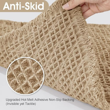 Upgraded Waffle Bath Mat Set 2 Piece Beige-Herringbone, Super Absorbent Non-Slip Quick Dry Bathroom Rugs with Tassels, Machine Washable Ultra Soft Boho Bath Rugs, Toilet Mats Boho Farmhouse Decor