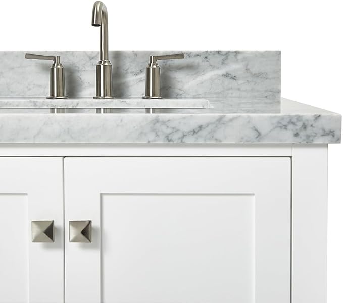 ARIEL Cambridge 42-inch Bathroom Vanity with Sink,Solid Wood, 1.5-inch Italian Carrara Marble Countertop, Single Rectangular Porcelain Sink, 2 Soft Closing Doors, 5 Dovetail Drawers, White