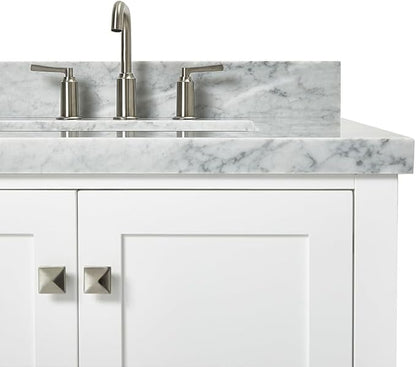 ARIEL Cambridge 42-inch Bathroom Vanity with Sink,Solid Wood, 1.5-inch Italian Carrara Marble Countertop, Single Rectangular Porcelain Sink, 2 Soft Closing Doors, 5 Dovetail Drawers, White