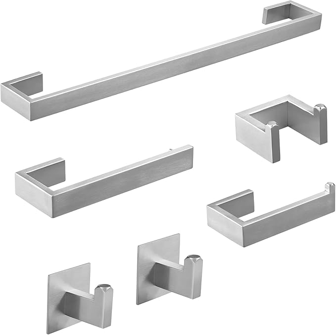 Fapully 23.6-Inch 6 Piece Bathroom Hardware Accessories Set Brushed Nickel | Stainless Steel Wall Mounted Include Towel Bar,Hand Towel Holder,Toilet Paper Holder,Robe Towel Hook,Coat Hook,Towel bar set