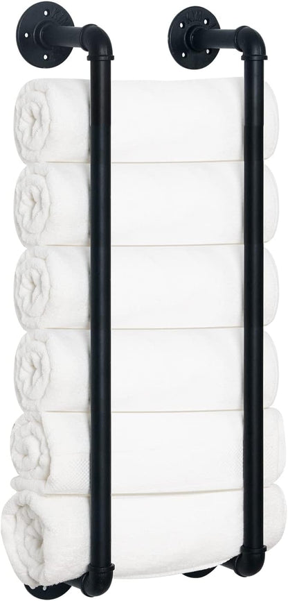 HouseAid Industrial Pipe Towel Rack, Farmhouse Bathroom Towel Storage Holder, Vintage Style Towel Organization, Wall Mounted, Matte Black