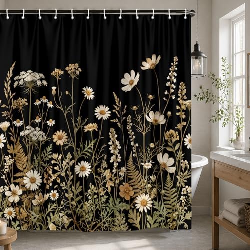 Black Daisy Floral Shower Curtain, Boho Retro Elegant Botanical Design Shower Curtain Set, Vintage Wildflower Shower Curtain for Bathroom, Modern Aesthetic Decor with 12PCS Hooks, 72X72In
