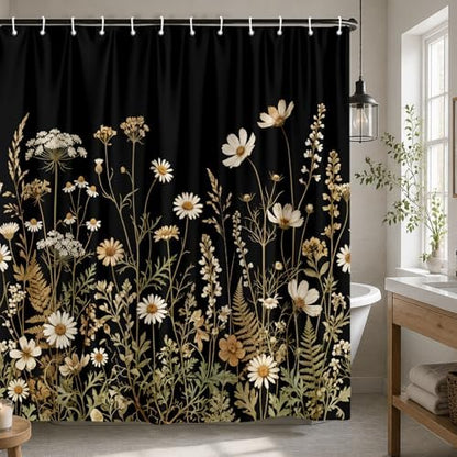Black Daisy Floral Shower Curtain, Boho Retro Elegant Botanical Design Shower Curtain Set, Vintage Wildflower Shower Curtain for Bathroom, Modern Aesthetic Decor with 12PCS Hooks, 72X72In