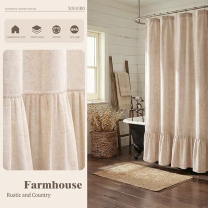 Farmhouse Shower Curtain Ruffle Linen Beige 54" W x 72" L