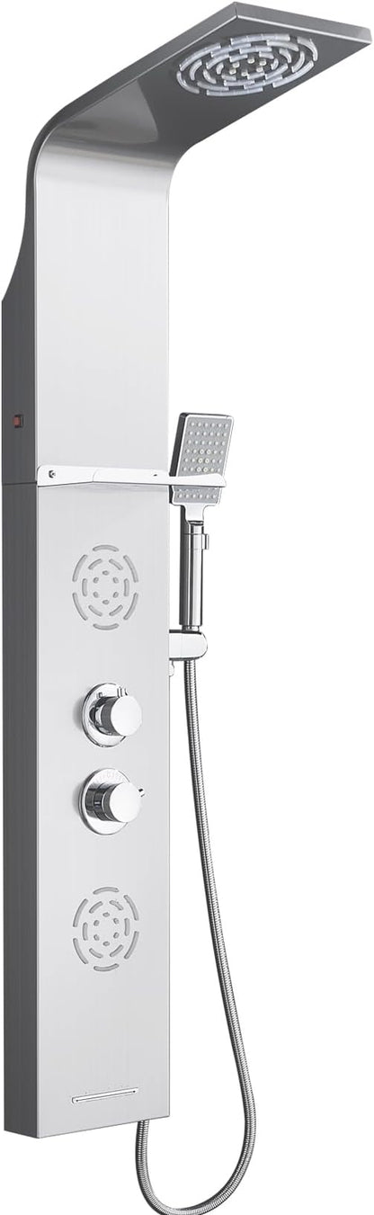 POPFLY Shower Panel Tower System with Shelf, LED Mist & Rain Shower Head, 304 Stainless Steel Shower Tower, 2 Body Jets, Tub Spout, Brushed