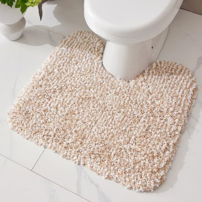 ILANGO Beige and White U Shaped 22" × 24" Non Slip & Super Absorbent Extra Thick Soft, Washable Bath Mats for Bathroom Floor, Microfiber Plush Shaggy Contour Bath Rugs for Toilet,Dry Quick