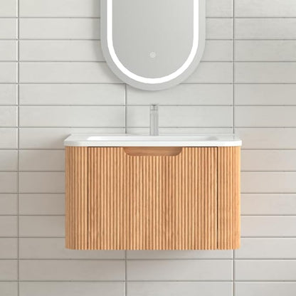 24'' Floating Bathroom Vanity with Sink, Wall Mounted Modern Bathroom Cabinet W/Curved Edges Stripes, Oak & Plywood, Pre-Assembled with Integrated Ceramic Basin – Havana, Natural Oak